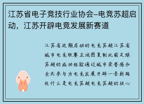 江苏省电子竞技行业协会-电竞苏超启动，江苏开辟电竞发展新赛道